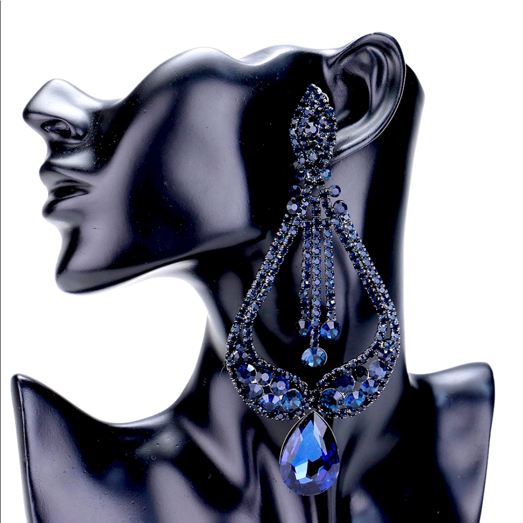 Dark Blue Clip On Chandelier Earrings Pageants
